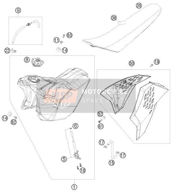 KTM 125 EXC Europe 2009 Tank, Seat for a 2009 KTM 125 EXC Europe