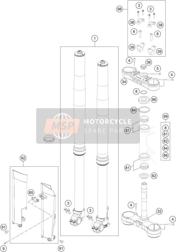 KTM 125 EXC Europe 2014 Voorvork, Kroonplaat set voor een 2014 KTM 125 EXC Europe