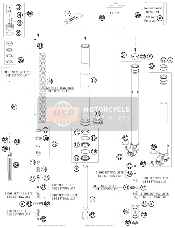 KTM 125 EXC Europe 2015 Voorvork gedemonteerd voor een 2015 KTM 125 EXC Europe