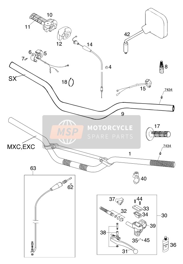 KTM 125 EXC SIX-DAYS Europe 2001 Guidon, Les contrôles pour un 2001 KTM 125 EXC SIX-DAYS Europe