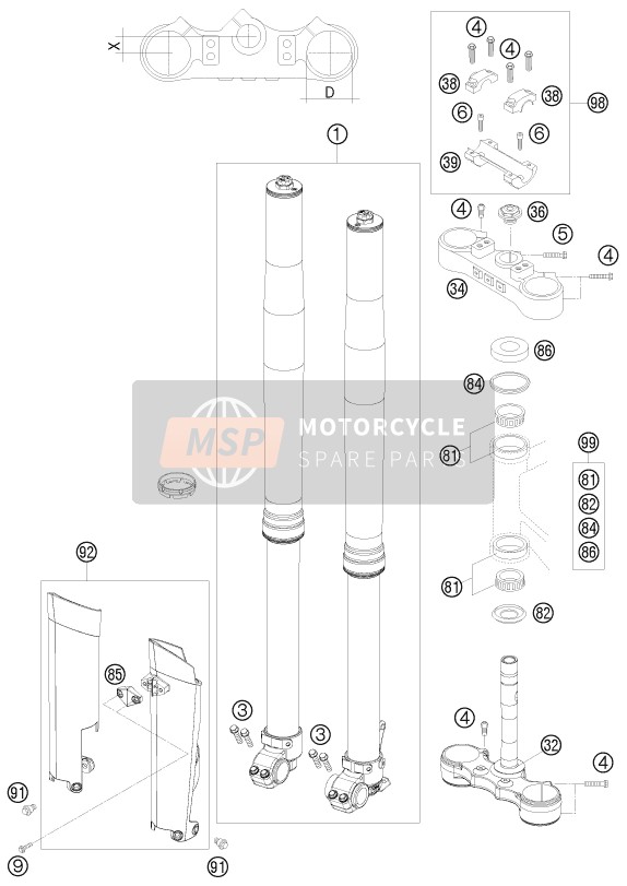 KTM 125 EXC SIX-DAYS Europe 2009 Voorvork, Kroonplaat set voor een 2009 KTM 125 EXC SIX-DAYS Europe