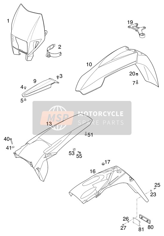 KTM 125 EXE 80 Europe 2000 Maschera, Parafanghi per un 2000 KTM 125 EXE 80 Europe