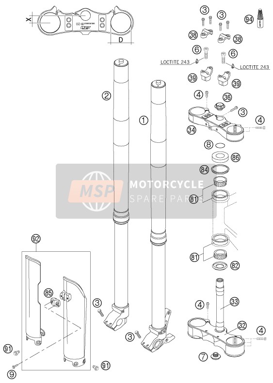 KTM 125 SX Europe 2005 Forcella anteriore, Triplo morsetto per un 2005 KTM 125 SX Europe