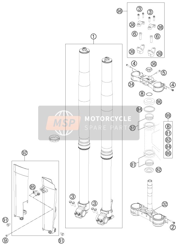 KTM 125 SX USA 2014 Tenedor frontal, Abrazadera triple para un 2014 KTM 125 SX USA