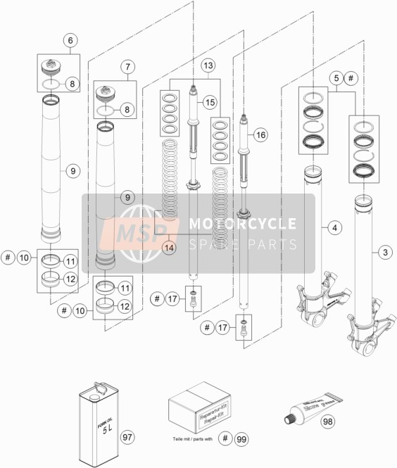 KTM 1290 Super Duke R, white USA 2018 Front Fork Disassembled for a 2018 KTM 1290 Super Duke R, white USA