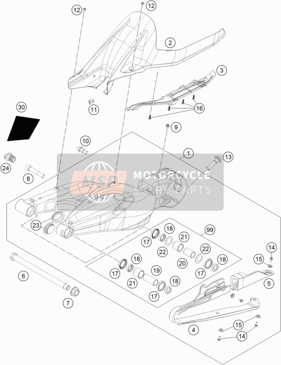 KTM 1290 Super Duke R, white Japan 2018 Swing Arm for a 2018 KTM 1290 Super Duke R, white Japan