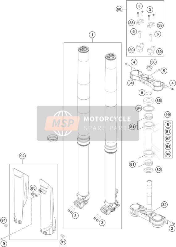 KTM 150 SX Europe 2015 Voorvork, Kroonplaat set voor een 2015 KTM 150 SX Europe