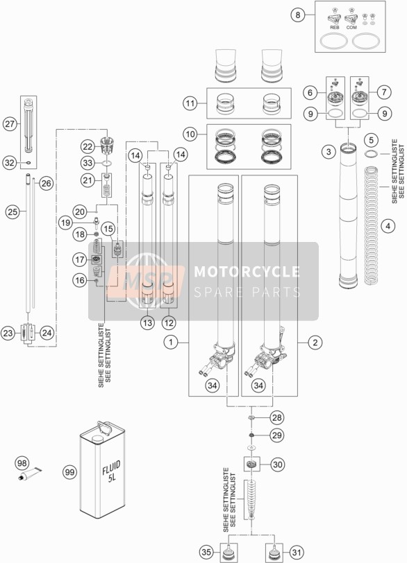 KTM 150 XC-W USA 2019 Forcella anteriore smontata per un 2019 KTM 150 XC-W USA