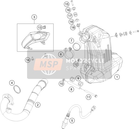 KTM 200 Duke, black w/o ABS-CKD Brazil 2018 Sistema de escape para un 2018 KTM 200 Duke, black w/o ABS-CKD Brazil