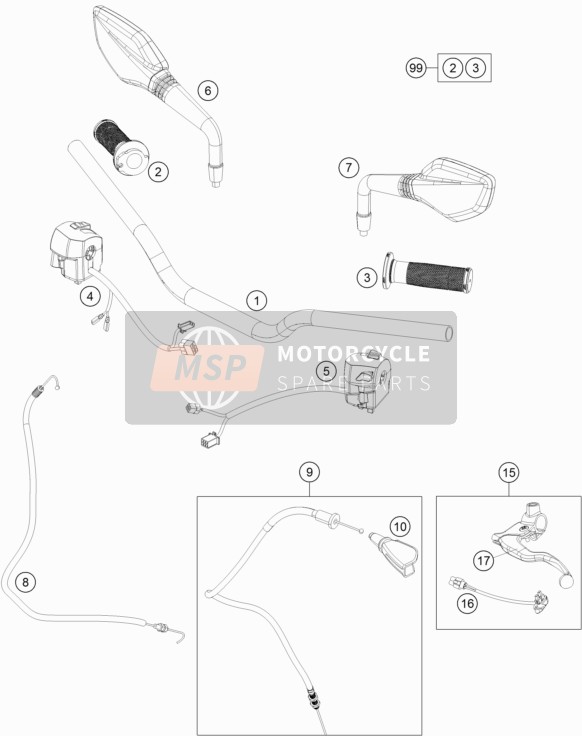 KTM 200 Duke, black w/o ABS-CKD Brazil 2018 Handlebar, Controls for a 2018 KTM 200 Duke, black w/o ABS-CKD Brazil