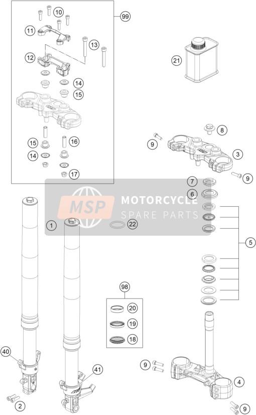 KTM 200 DUKE OR. W/O ABS B.D. Europe 2014 Forcella anteriore, Triplo morsetto per un 2014 KTM 200 DUKE OR. W/O ABS B.D. Europe