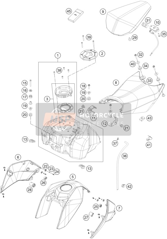 KTM 200 DUKE OR. w/o ABS B.D. Asia 2015 Tank, Seat for a 2015 KTM 200 DUKE OR. w/o ABS B.D. Asia