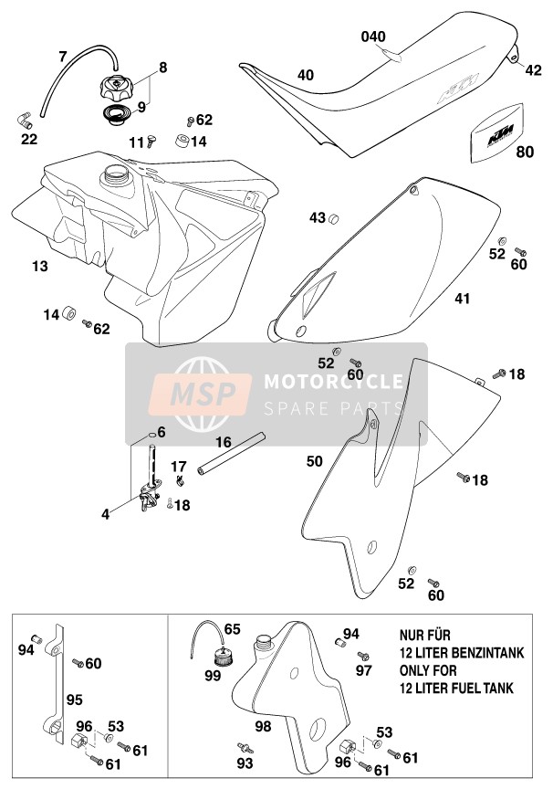 KTM 200 EXC - GS 8kW Europe 2000 Tank, Seat for a 2000 KTM 200 EXC - GS 8kW Europe