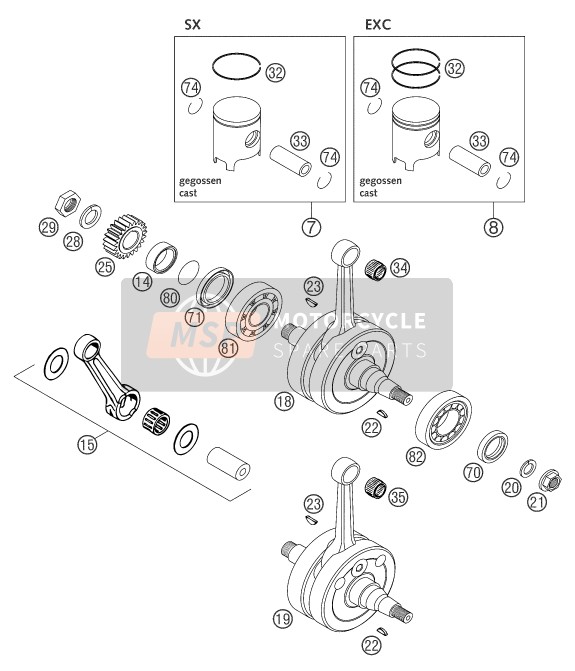 KTM 200 EXC Europe 2004 Crankshaft, Piston for a 2004 KTM 200 EXC Europe