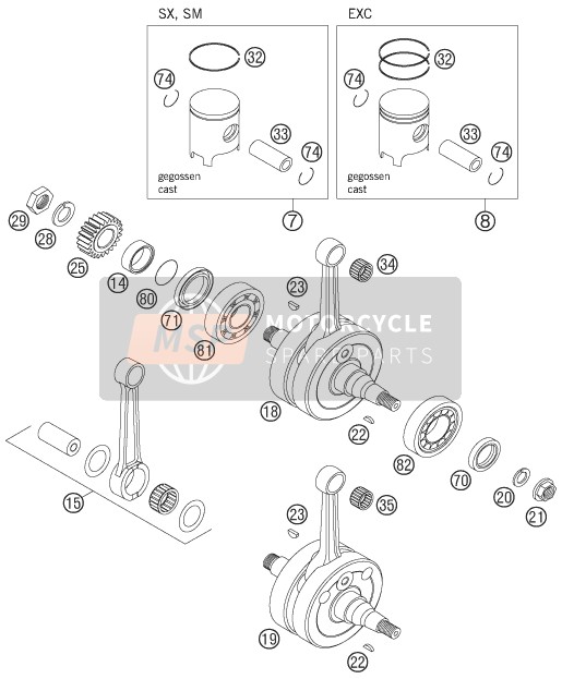 KTM 200 EXC Australia 2005 Cigüeñal, Pistón para un 2005 KTM 200 EXC Australia