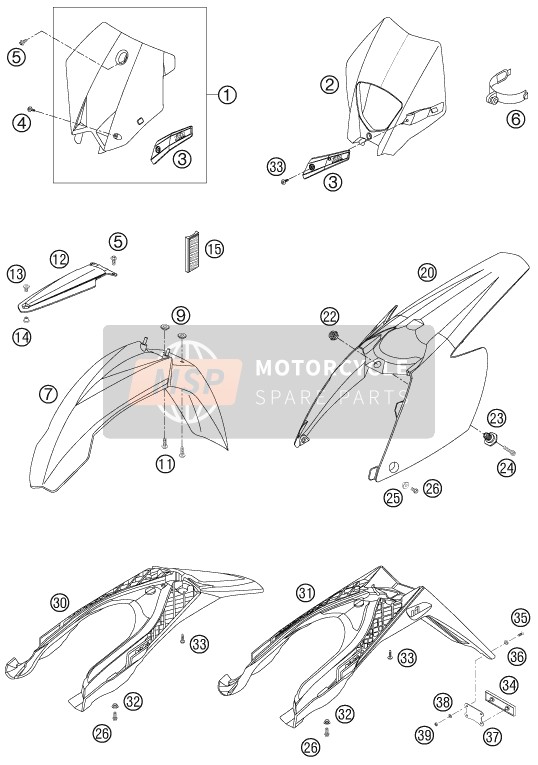 KTM 200 EXC USA 2005 Máscara, Guardabarros para un 2005 KTM 200 EXC USA