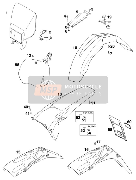 KTM 200 EXC JACKPINER USA 1997 Maschera, Parafanghi per un 1997 KTM 200 EXC JACKPINER USA
