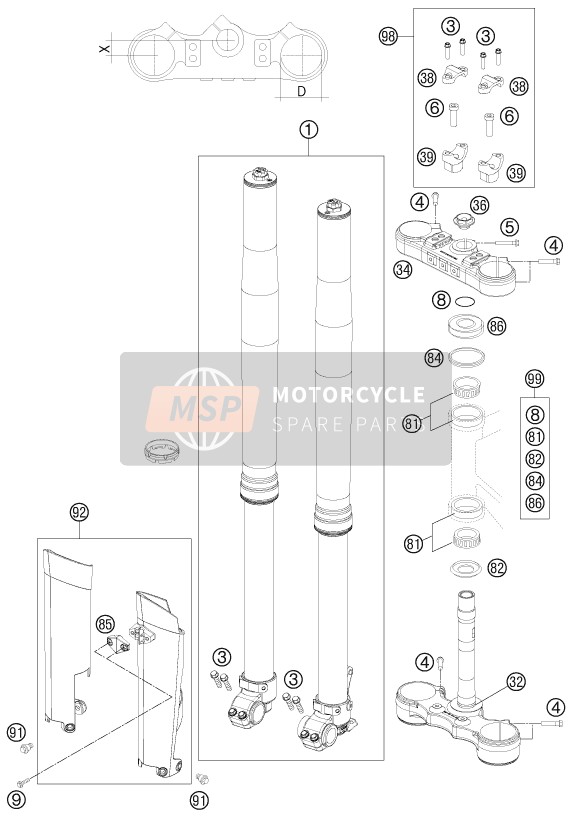 KTM 200 XC-W USA 2012 Voorvork, Kroonplaat set voor een 2012 KTM 200 XC-W USA