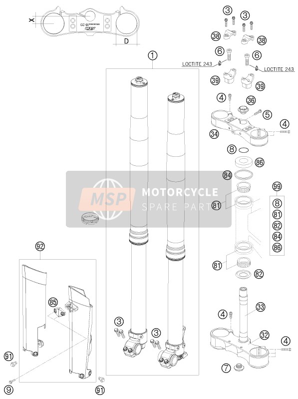 KTM 200 XC USA 2009 Voorvork, Kroonplaat set voor een 2009 KTM 200 XC USA