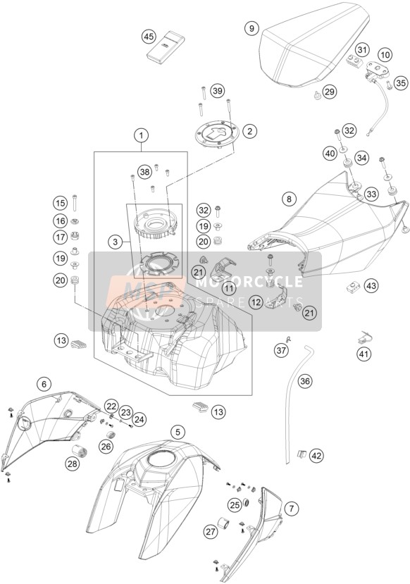 KTM 250 DUKE BL. ABS B.D. Europe 2015 Tank, Seat for a 2015 KTM 250 DUKE BL. ABS B.D. Europe