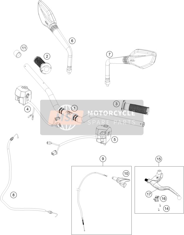 KTM 250 Duke, orange, CKD Malaysia 2017 Handlebar, Controls for a 2017 KTM 250 Duke, orange, CKD Malaysia