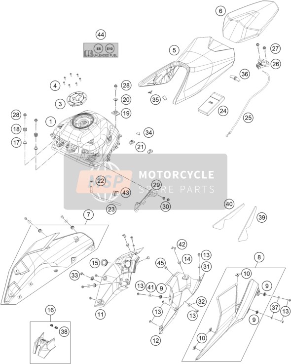 KTM 250 Duke, white - B.D. Europe 2019 Tanque, Asiento para un 2019 KTM 250 Duke, white - B.D. Europe