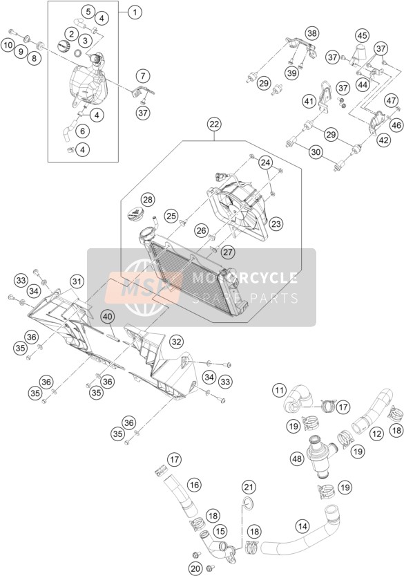 KTM 250 Duke, white, w/o ABS-CKD Colombia 2019 Cooling System for a 2019 KTM 250 Duke, white, w/o ABS-CKD Colombia
