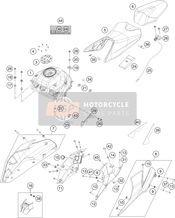 KTM 250 Duke, white, w/o ABS-CKD Colombia 2019 Tanque, Asiento para un 2019 KTM 250 Duke, white, w/o ABS-CKD Colombia