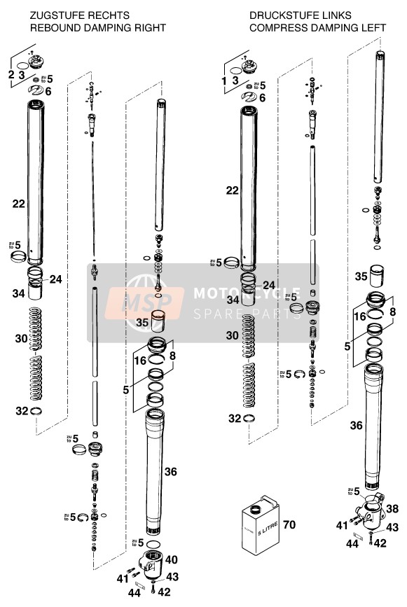 KTM 250 EGS 11KW Europe 1999 Forcella anteriore smontata per un 1999 KTM 250 EGS 11KW Europe