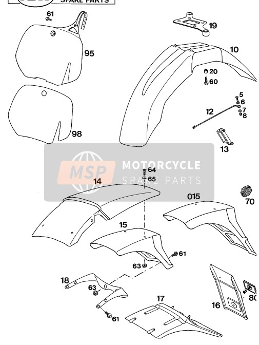KTM 250 EGS M/O 12KW Europe 1994 Mask, Fenders for a 1994 KTM 250 EGS M/O 12KW Europe