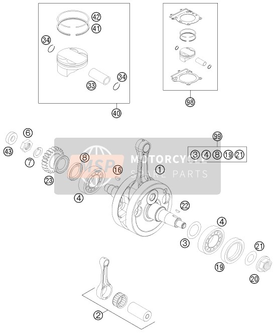 KTM 250 EXC-F Australia 2011 Cigüeñal, Pistón para un 2011 KTM 250 EXC-F Australia