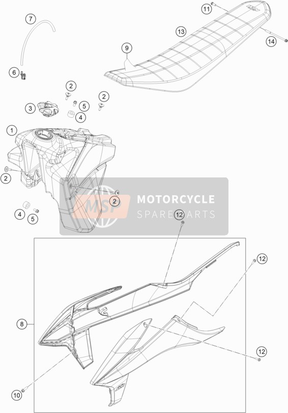 KTM 250 EXC-F Europe 2020 Tank, Seat for a 2020 KTM 250 EXC-F Europe