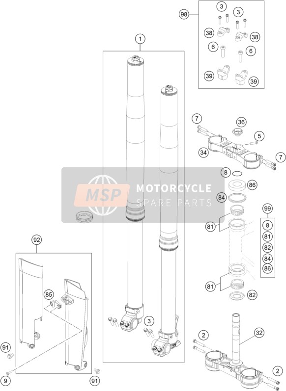 KTM 250 EXC-F FACTORY EDITION Europe 2015 Forcella anteriore, Triplo morsetto per un 2015 KTM 250 EXC-F FACTORY EDITION Europe