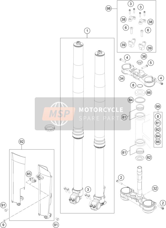 KTM 250 EXC-F Six Days Europe 2015 Voorvork, Kroonplaat set voor een 2015 KTM 250 EXC-F Six Days Europe