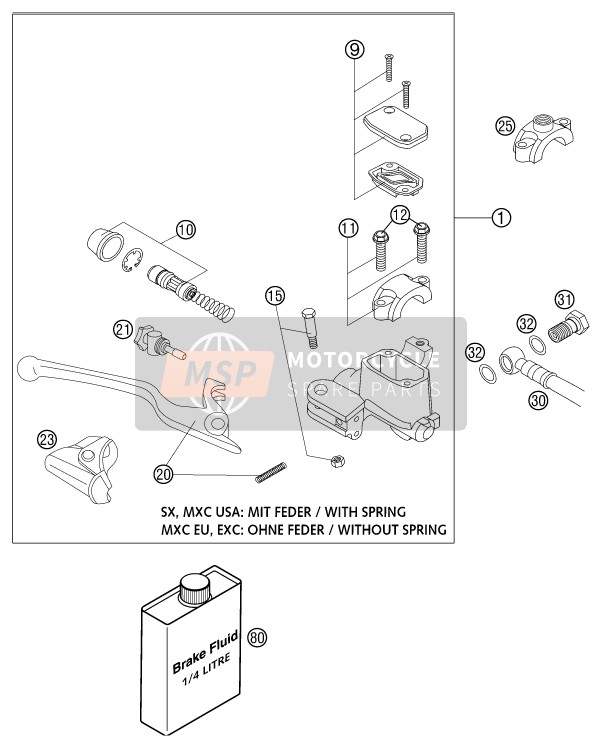 KTM 250 EXC-G RACING USA 2003 Control de freno delantero para un 2003 KTM 250 EXC-G RACING USA