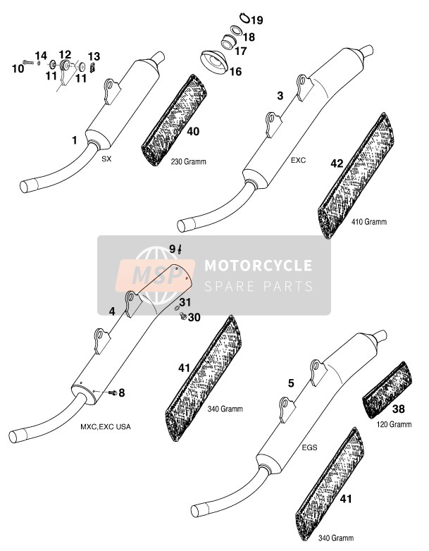 KTM 250 EXC 12lt USA 1999 HAUPTSCHALLDÄMPFER für ein 1999 KTM 250 EXC 12lt USA