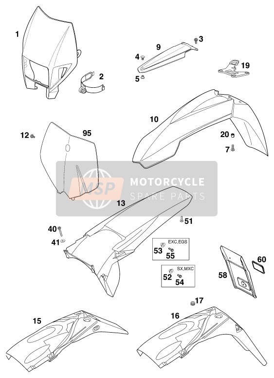 KTM 250 EXC 12lt USA 1999 Masque, Ailes pour un 1999 KTM 250 EXC 12lt USA