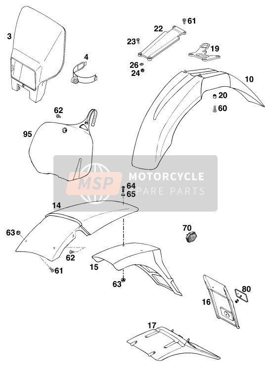 KTM 250 EXC M/O Europe 1997 Mask, Fenders for a 1997 KTM 250 EXC M/O Europe