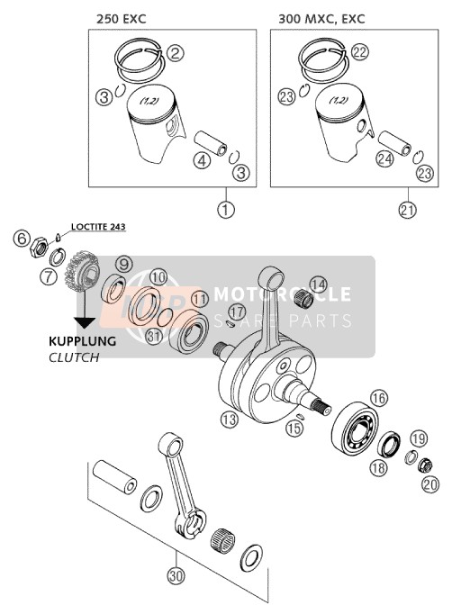 KTM 250 EXC Australia 2003 Crankshaft, Piston for a 2003 KTM 250 EXC Australia