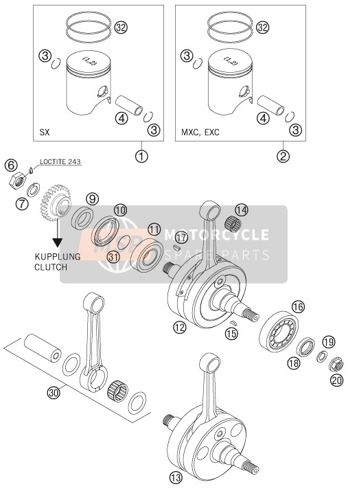 KTM 250 EXC USA 2005 Crankshaft, Piston for a 2005 KTM 250 EXC USA