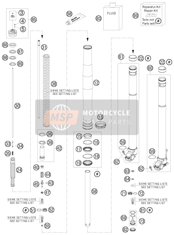 KTM 250 EXC Europe 2008 Fourche avant démontée pour un 2008 KTM 250 EXC Europe