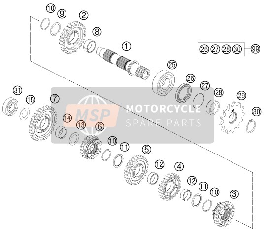 KTM 250 EXC Europe 2012 Transmisión II - Eje contrario para un 2012 KTM 250 EXC Europe