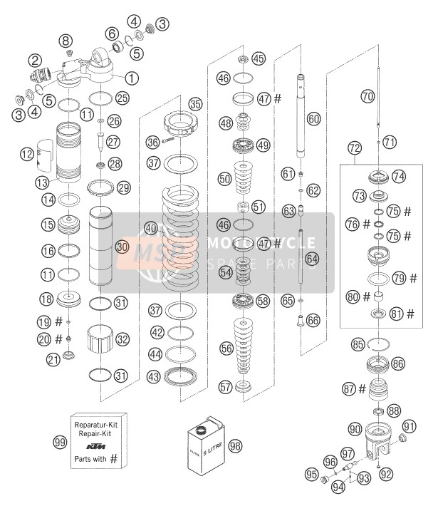 KTM 250 EXC FACTORY Europe 2005 Shock Absorber Disassembled for a 2005 KTM 250 EXC FACTORY Europe