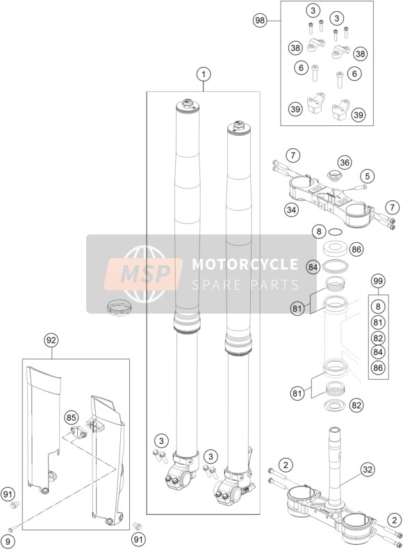 KTM 250 EXC FACTORY EDITION Europe 2015 Voorvork, Kroonplaat set voor een 2015 KTM 250 EXC FACTORY EDITION Europe