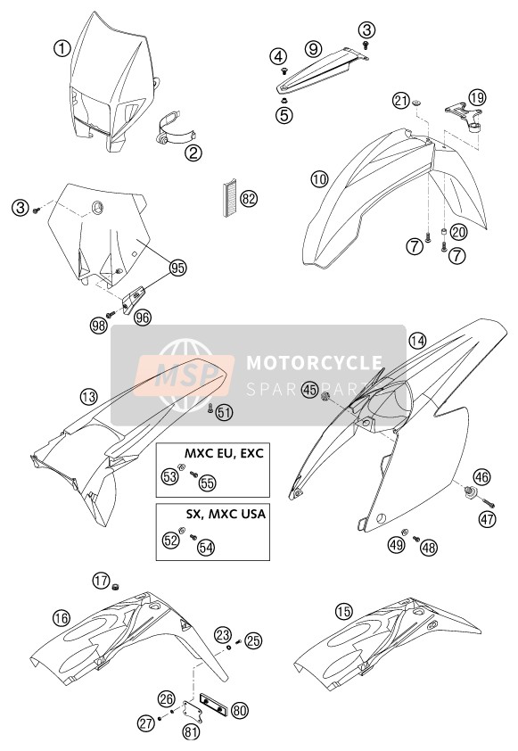 KTM 250 EXC RACING Australia 2003 Mask, Fenders for a 2003 KTM 250 EXC RACING Australia