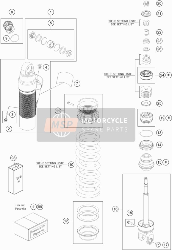 KTM 250 EXC Six Days TPI Europe 2020 Amortiguador desmontado para un 2020 KTM 250 EXC Six Days TPI Europe