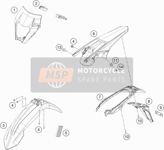 KTM 250 EXC TPI Europe 2018 Masker, Spatborden voor een 2018 KTM 250 EXC TPI Europe