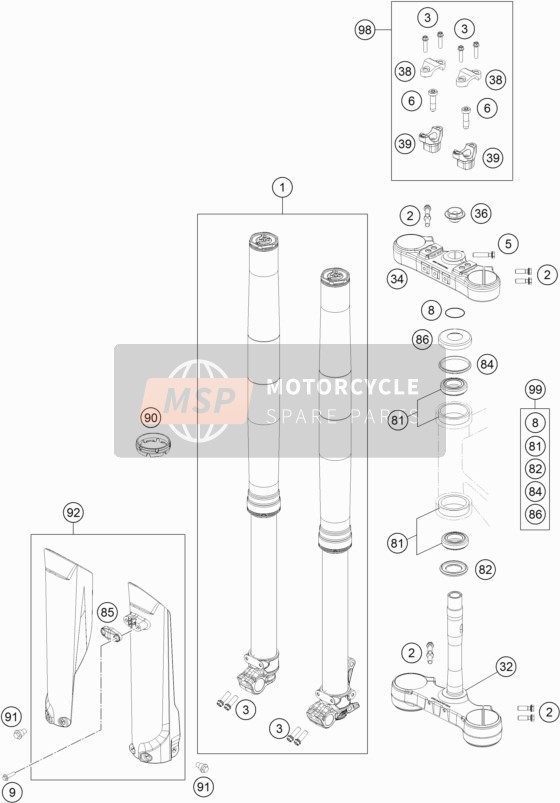 KTM 250 EXC TPI Europe 2019 Forcella anteriore, Triplo morsetto per un 2019 KTM 250 EXC TPI Europe