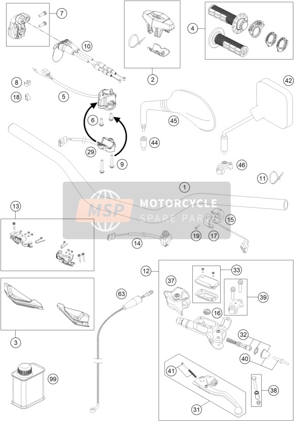 KTM 250 EXC TPI Europe 2019 Stuur, Besturing voor een 2019 KTM 250 EXC TPI Europe