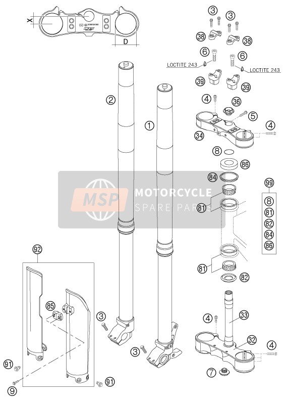 KTM 250 SX-F USA 2005 Voorvork, Kroonplaat set voor een 2005 KTM 250 SX-F USA